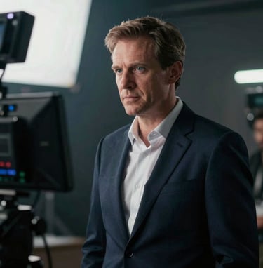A professional portrait of Frank Artus on a film set, looking focused and authoritative. He is standing near a production monitor. The lighting is dramatic and cinematic, incorporating colors #1A1C20 and #F8F8F8 with an elegant, artistic finish.