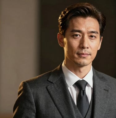 A close-up of Frank Artus dressed in a refined, custom-tailored suit in #1A1C20 charcoal. The shot captures his expressive face and distinguished aura. Soft golden highlights #A88B57 emphasize his features against a dark, out-of-focus background.