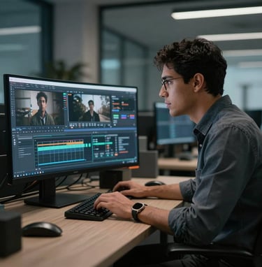 A creative professional in a modern Latin American / Hispanic office sitting at a high-end workstation editing video, cinematic lighting with dark charcoal and soft blue-grey tones.