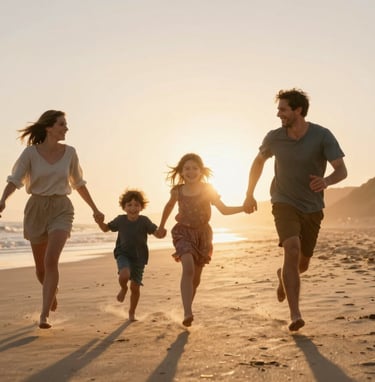 Photography of a family running along a soft sand beach at sunset in Portugal. The composition is dynamic and cinematic, with warm sun flares and authentic expressions of joy. Soft golden lighting and high contrast.