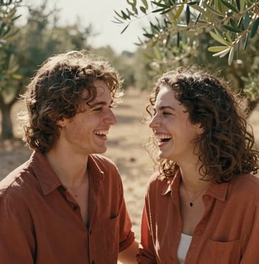 A cinematic close-up of a young couple laughing together in a sun-lit olive grove in Portugal. The lighting is warm and hazy, capturing a spontaneous, authentic moment of connection. Natural soft sand and deep terracotta tones in their attire.