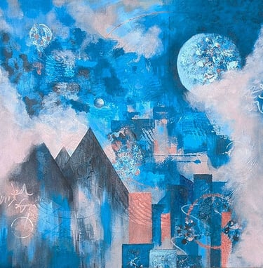 abstract cityscape with moons in blue, peach, and cream