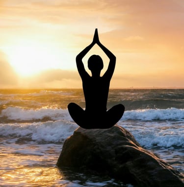 a lady is doing yoga pose near the sea