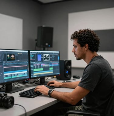 A South American Brazilian filmmaker at work in a minimalist, modern studio. He is focused on a professional editing console with glowing monitors in the background. Atmosphere is creative and professional, with dark gray and white tones.