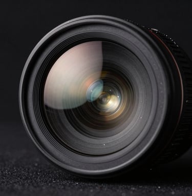 Close-up macro photography of a professional camera lens. The glass reflects a soft white light against a deep black background. Minimalist, sharp details, emphasizing high-end technical equipment in a South American Brazilian studio.