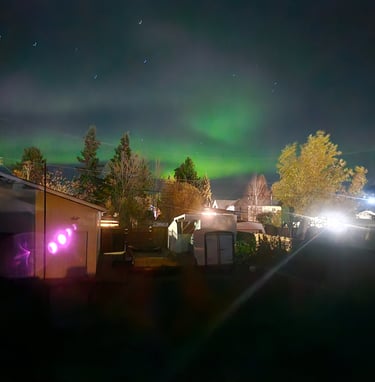A bright backyard with northern lights in the shade of green in the sky