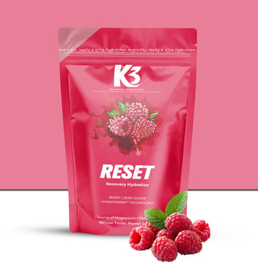 K3 Reset sachet — the HydraTherm system set to its recovery-balance profile.