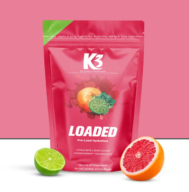 A K3 Loaded sachet — the HydraTherm system set to its highest pre-session loading profile.