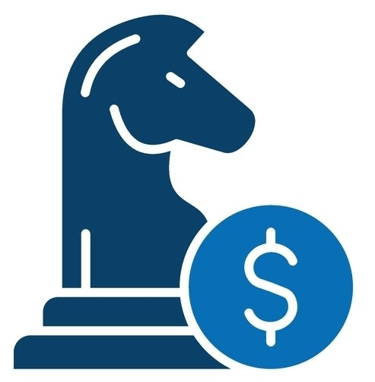 Blå ikon med schackpjäs och dollarsymbol, symbol för rådgivning.