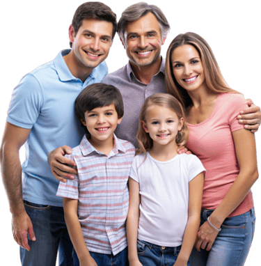 Familia alegre de tres adultos y dos niños
