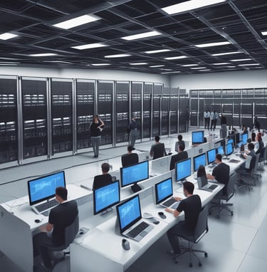 A MacBook with lines of code on its screen on a busy desk