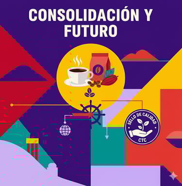 Ilustración de la consolidación y futuro de la marca CTC con café y cacao