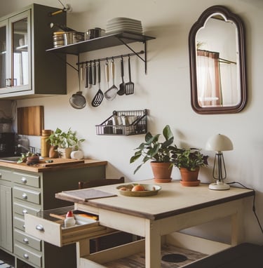 a kitchen with a table and a potted plant