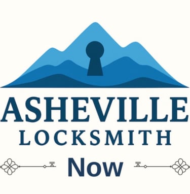 Blue Ridge Mountains logo with key integrated into the mountain design, ' Asheville Locksmith Now' text below, between keys