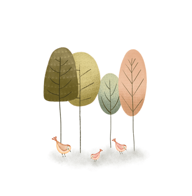 Whimsical trees and birds illustration for luxury paper stationery.