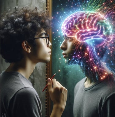 image montrant un homme voyant l'activité de son cerveau dans un mirroir  . c'est une metaphore du n