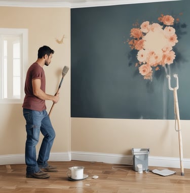 a man is painting a large painting on a wall