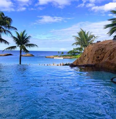 a pool with a rock wall and palm trees in Hawaii