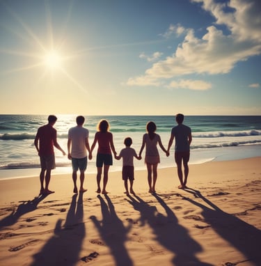a family of four holding hands and walking on the beach