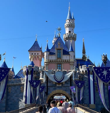 Sleeping Beauty Castle at Disneyland Park is decked out in purple and silver banners.