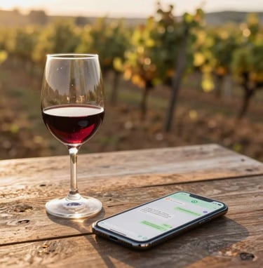 Warm editorial photography, golden-hour vineyard light, a rustic wooden table with a wine glass, and a smartphone showing a clean WhatsApp chat interface, shallow depth of field, 35mm
