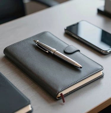 A close-up photograph of a professional's desk in a modern South American / Brazilian office. Included are a high-end leather notebook, a luxury pen, and a smartphone, all in dark slate grey and muted steel blue tones, under sharp, clean lighting.