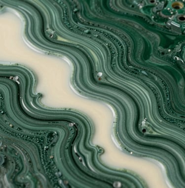 Detail shot of a resin artwork showing organic, flowing patterns of deep forest green and pristine cream, captured with high-end photography gear.