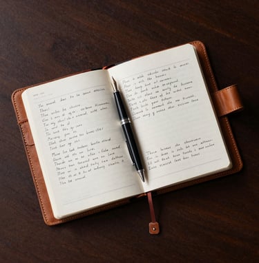 An overhead shot of an open leather-bound journal on a dark espresso brown table, with handwritten poetry and a fountain pen. Elegant, minimalist composition, International / Western aesthetic.