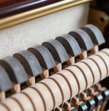 A detailed close-up shot of the hammers inside a grand piano, the wood and felt textures visible in warm grey and off-white cream colors. Professional studio lighting, shallow depth of field, International / Western style.
