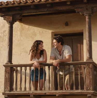 An intimate medium shot of a young couple laughing together on a rustic balcony in a Spanish village. Natural, warm sunlight illuminates their faces. The style is cinematic lifestyle photography with a shallow depth of field, using a palette of warm sand and deep terracotta brown.