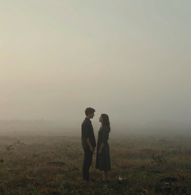 A cinematic wide shot of a couple standing in a misty, ethereal landscape at dawn. The lighting is soft and diffused, with a palette of #C4B29A and #F5F0E1. The mood is one of quiet nostalgia and deep connection.