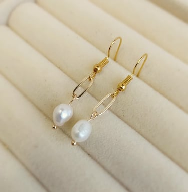 a pair of earrings with pearls on them