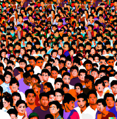 a large group of people standing in a crowd of many different colors