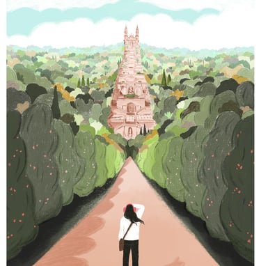 illustration of a woman walking down a path with a large tower in the background