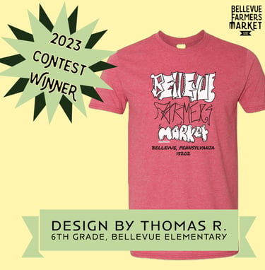 Red T-Shirt with stylized Bellevue Farmers Market Logo . Designed by Thomas R, 6th Grade, Bellevue Elementary