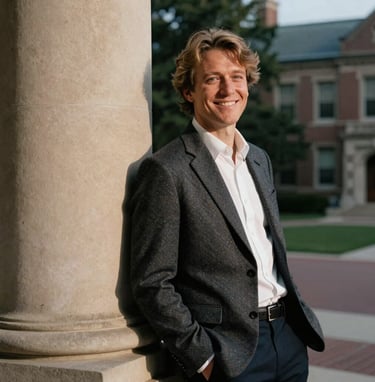 A sophisticated outdoor senior portrait of a young person in a stylish blazer, leaning against a classic stone pillar on a North American university campus. The lighting is soft and warm, highlighting a confident, joyful expression.