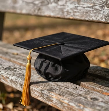 An artistic close-up photography of a graduation cap with a golden tassel resting on an old wooden bench. The background shows a blurry, sun-drenched North American autumn landscape in warm beige and dark brown tones.