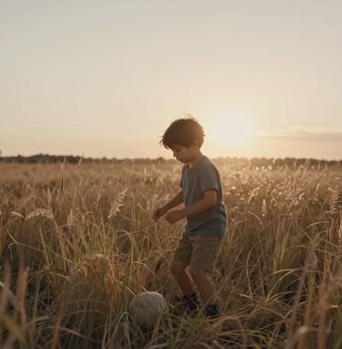A cinematic shot of a young child playing in a field of tall grass in the North American / US countryside. The sun is setting, creating a warm flare and a palette of soft sand and warm brown.