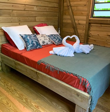 Une chambre avec des beaux coussins et deux cygnes en serviettes de toilettes