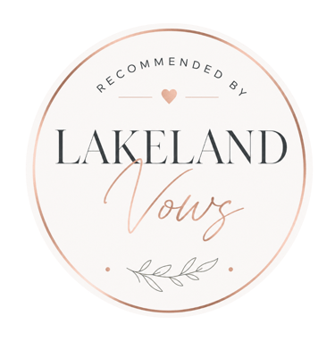 Official Recommended by Lakeland Vows badge for wedding vendors with rose gold accents.