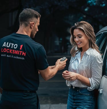 Auto 1 Locksmith profession delivering the programmed key to lady locked her car 