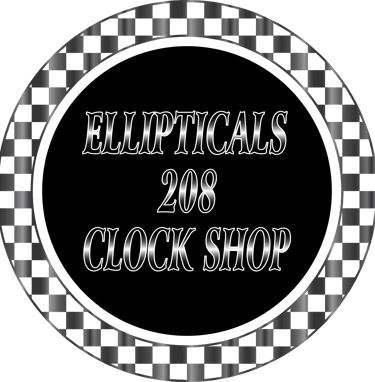 Ellipticals 208 Clock Shop logo featuring silver text inside a checkered circular border.