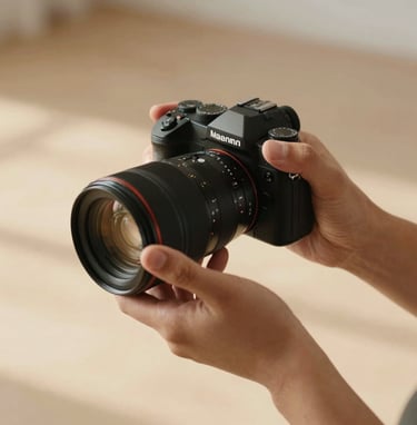 A close-up of a photographer's hands holding a professional camera, adjusting the lens in a sun-lit studio in North America, warm cinematic lighting, authentic and candid feel, Soft Sand color palette.