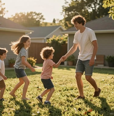 A candid, sun-drenched shot of a young family playing in a North American backyard during the golden hour, warm tones, cinematic lighting, expressing genuine joy and authentic interaction.