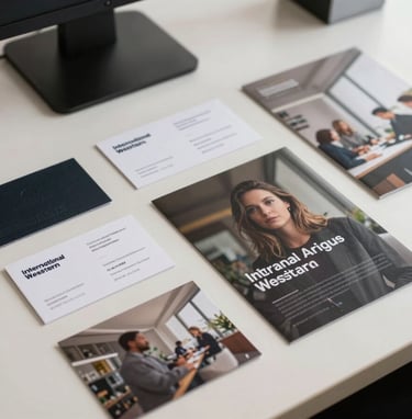 A top-down view of high-quality printed marketing materials, including embossed business cards and brochures, laid out on a clean Professional Off-white desk in an International / Western creative agency.