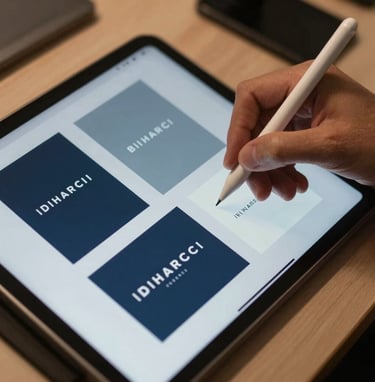 A close-up photograph of a professional's hands in a modern International / Western design studio, using a sleek digital stylus on a tablet. The screen shows a sophisticated brand identity in progress with Slate Blue and Dark Navy tones.