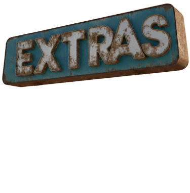 Vintage rusty metal sign with 3D white text spelling EXTRAS on a teal background.