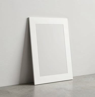 A minimalist photography print leaning against an off-white gallery wall, clean lines, soft shadows, high-end editorial style, Global / Contemporary Art.