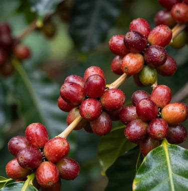 A detailed close-up of ripe, bright red coffee cherries hanging from a vibrant green branch. The lighting is natural and dappled, suggesting a South American coffee farm environment. High-end photography with a shallow depth of field, focusing on the texture of the fruit.