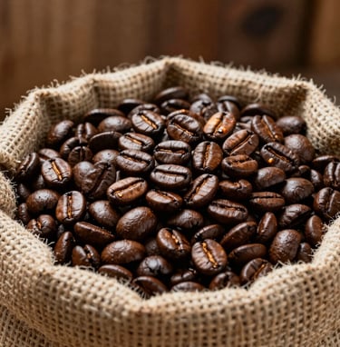 A rustic burlap sack filled with freshly roasted, dark brown coffee beans. The beans have a slight oily sheen reflecting warm light. The setting is a traditional South American finca, with earthy wood textures in the background.